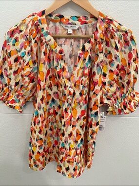 Liverpool Multicolor Dot Print Puff Sleeve Top - Cream Base